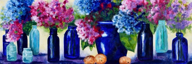 Huydrangeas with Glass Jars <br> 12X36